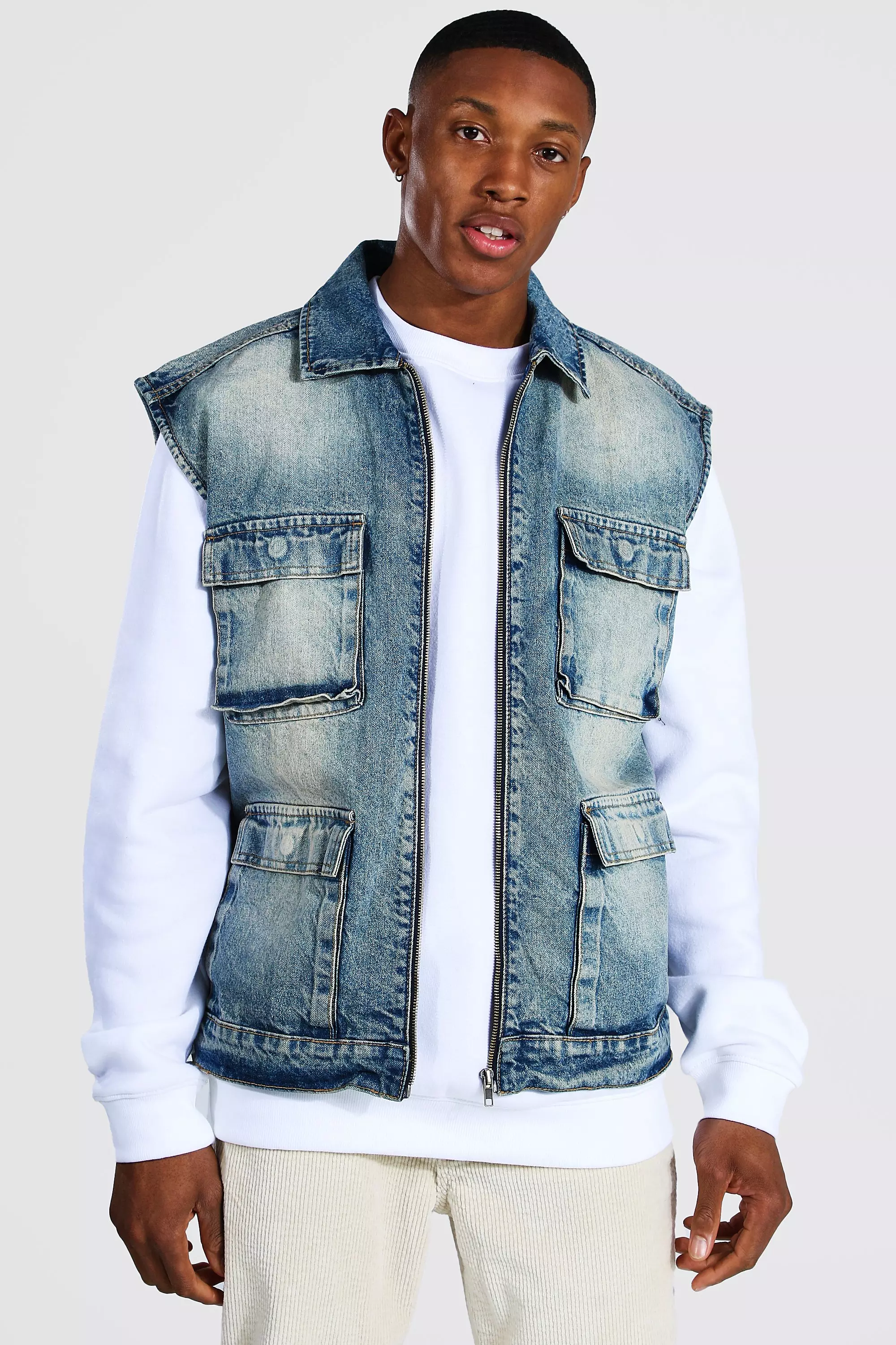 Zip Through Denim Utility Vest